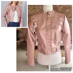 Venus Jacket Rose Gold Lace Up Faux Leather Metallic NWOT XS Glam Party Chic